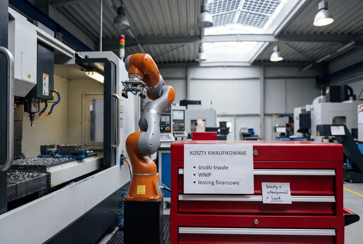 Hala produkcyjna z ramieniem robota przy maszynie CNC; na czerwonej szafce narzędziowej kartka „Koszty kwalifikowane: środki trwałe, WNiP, leasing finansowy” oraz notatka „koszty × intensywność = limit”