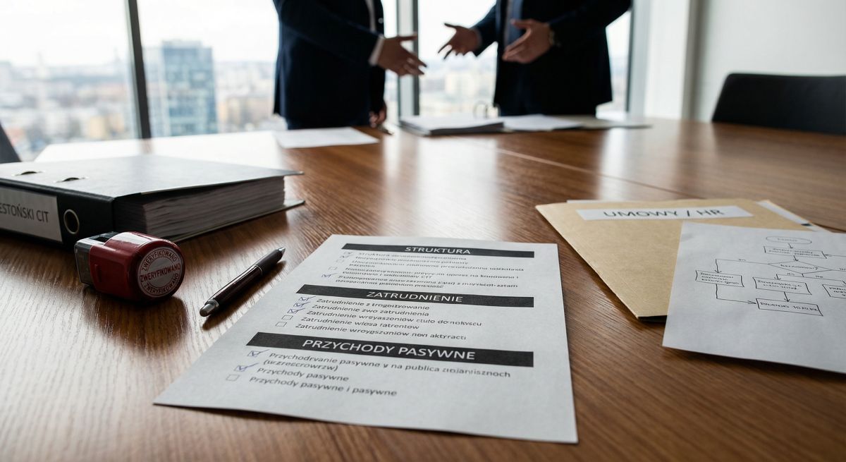 Stół konferencyjny z dokumentami o „Estońskim CIT”, checklistą finansową i teczką „Umowy i HR”; w tle rozmowa dwóch osób w biurze.