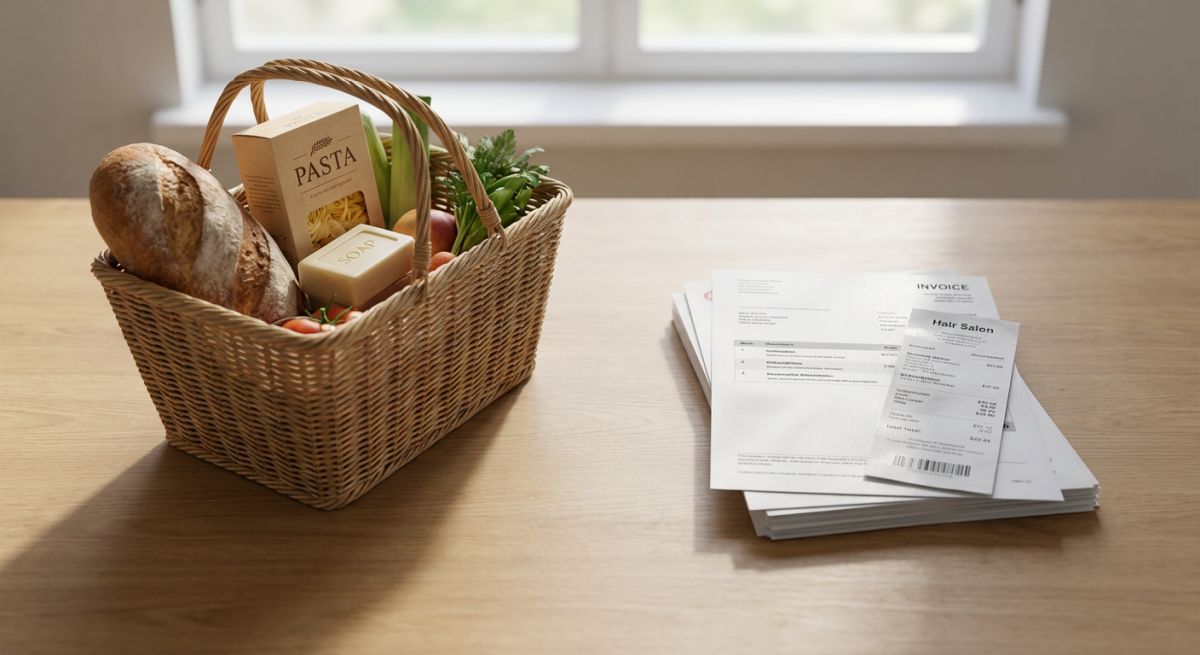 Domowy stół z koszykiem zakupów i dokumentami finansowymi, sugerujący analizę kosztów życia i cen.