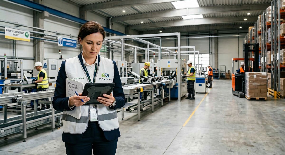Audytorka ESG analizuje procesy w hali produkcyjnej, odnosząc się do raportowania, CSR i dobrych praktyk w firmie