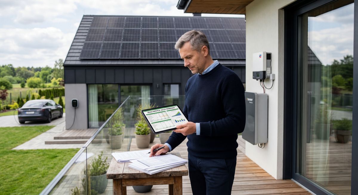Mężczyzna analizuje finansowanie zielonej inwestycji przy domu z instalacją fotowoltaiczną i magazynem energii