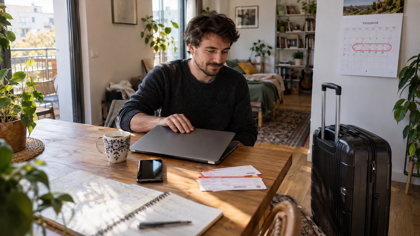 Freelancer zamyka laptopa przy oknie mieszkania, obok spakowana walizka i kalendarz z zakreślonym tygodniem.